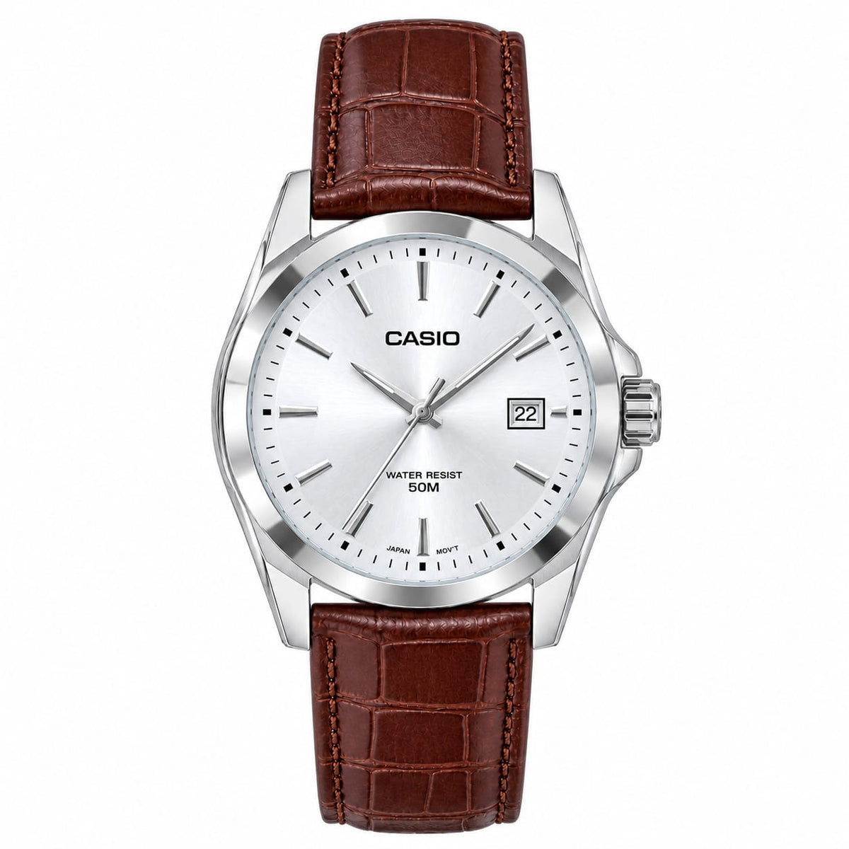 Casio Leather Date - White Dial - Brown Strap