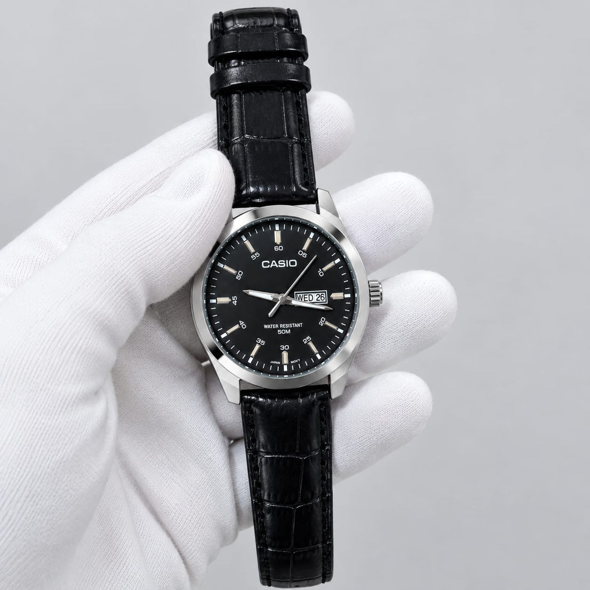 Casio Leather Day Date - Black Dial - Black Strap