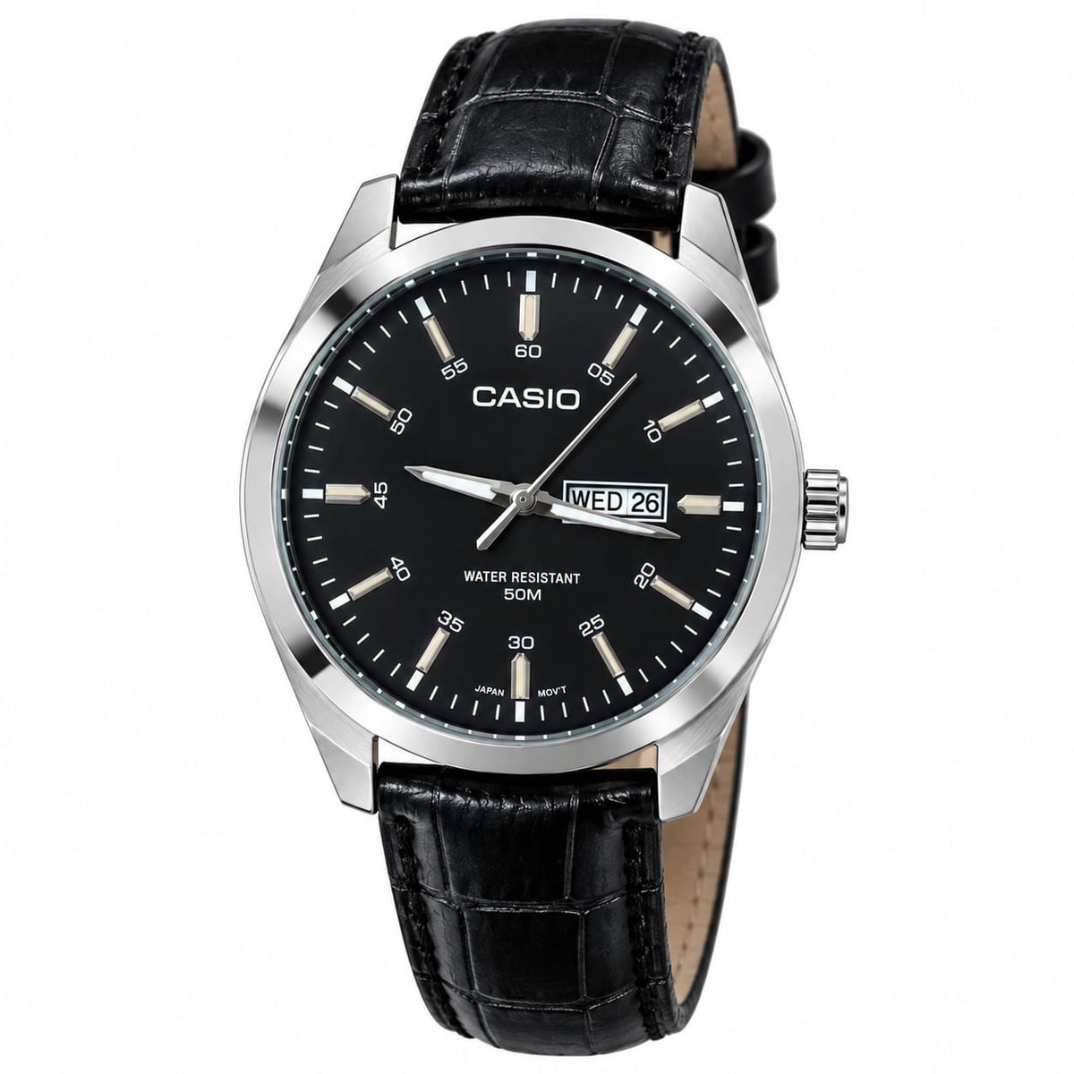 Casio Leather Day Date - Black Dial - Black Strap