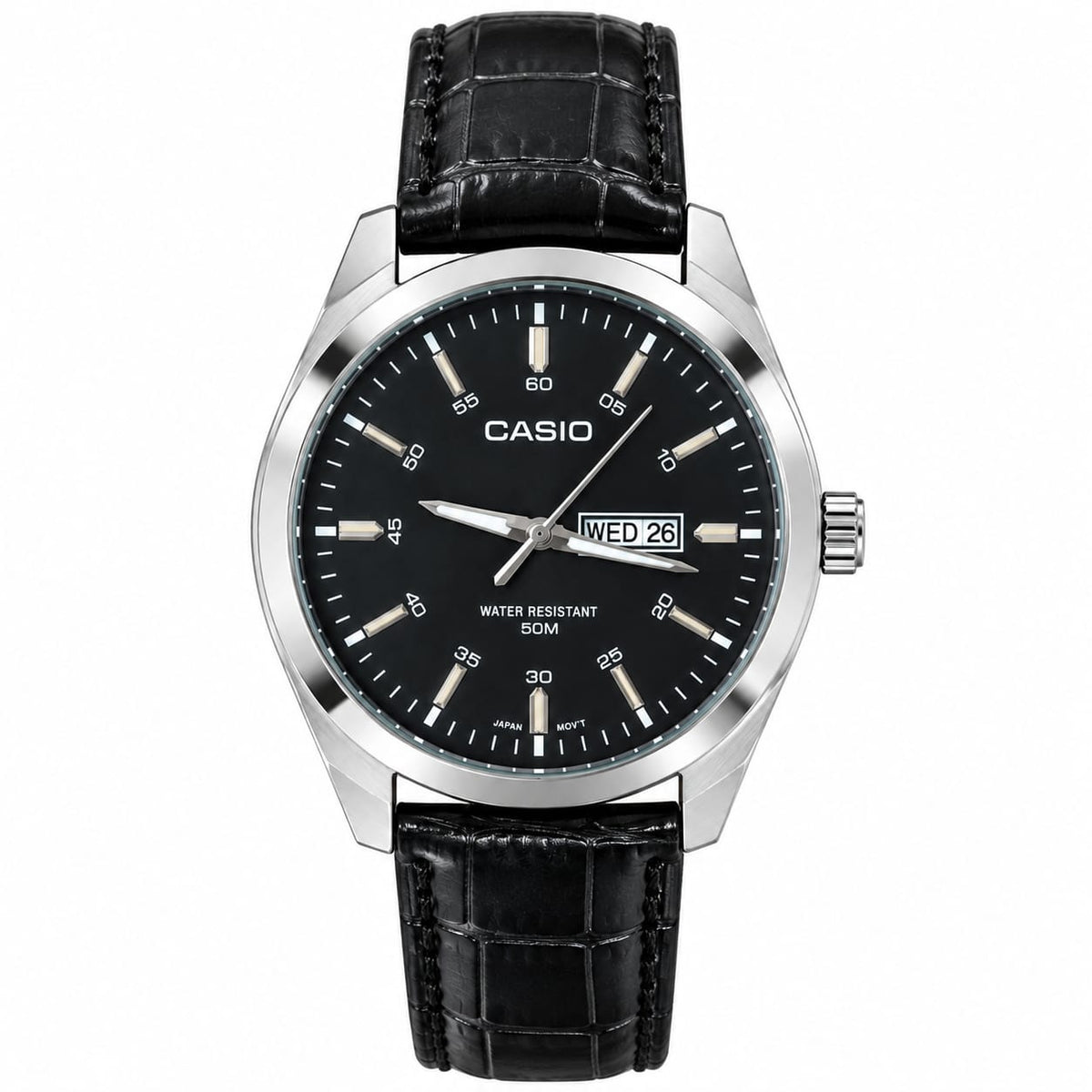 Casio Leather Day Date - Black Dial - Black Strap