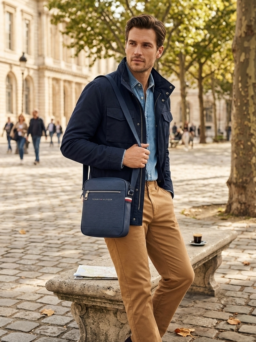 Tommy Hilfiger Navy Premium Cross Leather Bag / Model Bag-9 Blue