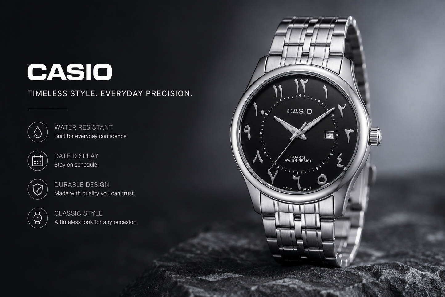 Casio Premium Metal Date Arabic Numbers Japan Movement.