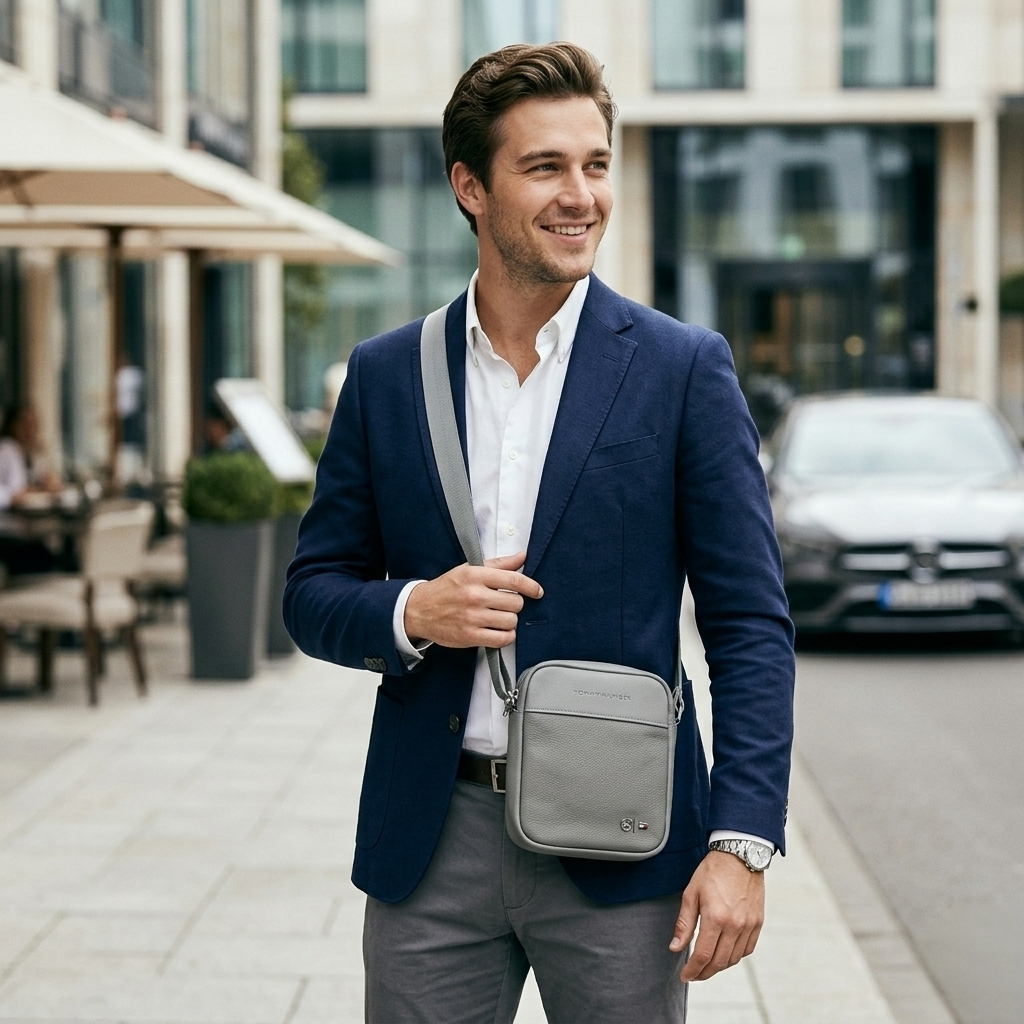 Tommy Hilfiger Light Gray Premium Cross Leather Bag Model BG4-518 Grey